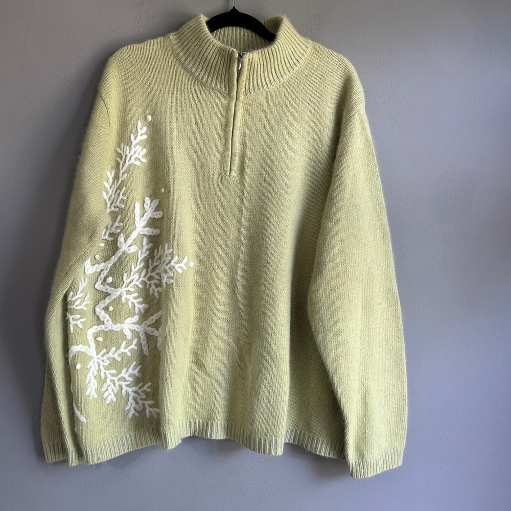 Coldwater‎ Creek Silk Rabbit Hair Blend Quarter Zip Sweater Green Embroidered XL